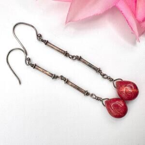Vintage Red Teardrop Silver Linear Long Duster Dangle Earrings Ox Patina Tested